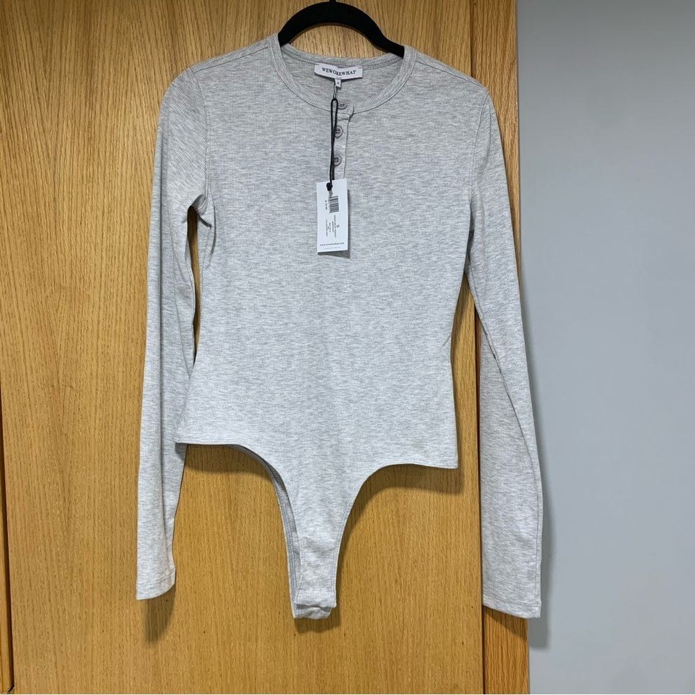 WeWoreWhat Crew Neck Henley Grey Ribbed Bodysuit - Size Small